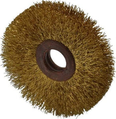 Value Collection - 2-1/2" OD, 1/2" Arbor Hole, Crimped Brass Wheel Brush - 3/8" Face Width, 3/4" Trim Length, 0.008" Filament Diam, 15,000 RPM - Benchmark Tooling