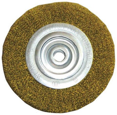 Value Collection - 8" OD, 2" Arbor Hole, Crimped Brass Wheel Brush - 1" Face Width, 1-3/4" Trim Length, 0.006" Filament Diam, 6,000 RPM - Benchmark Tooling