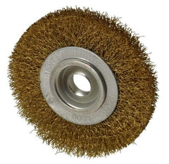 Value Collection - 4" OD, 5/8" Arbor Hole, Crimped Brass Wheel Brush - 1/2" Face Width, 5/8" Trim Length, 0.014" Filament Diam, 6,000 RPM - Benchmark Tooling