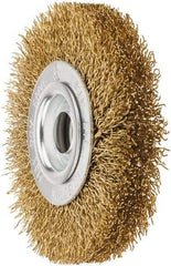 Value Collection - 4" OD, 5/8" Arbor Hole, Crimped Brass Wheel Brush - 1/2" Face Width, 5/8" Trim Length, 0.02" Filament Diam, 6,000 RPM - Benchmark Tooling