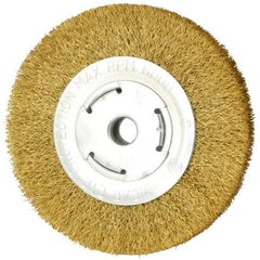 Value Collection - 6" OD, 5/8" Arbor Hole, Crimped Brass Wheel Brush - 1" Face Width, 1-1/8" Trim Length, 0.014" Filament Diam, 6,000 RPM - Benchmark Tooling