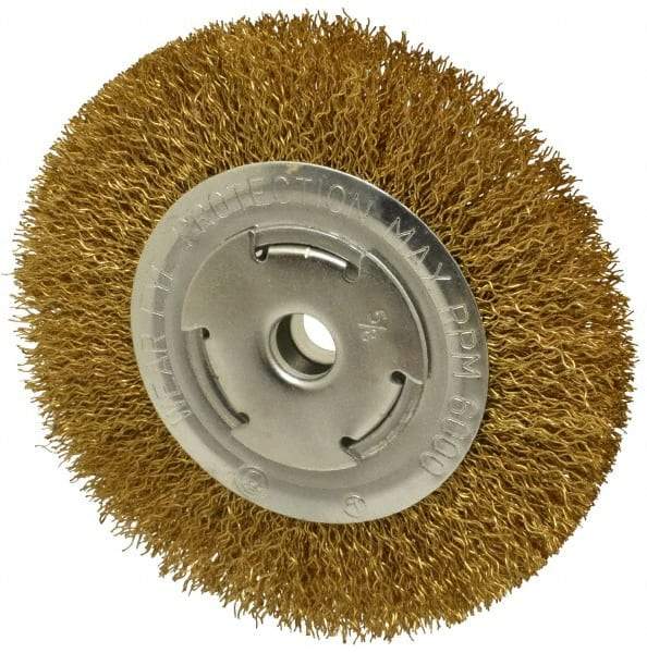 Value Collection - 6" OD, 5/8" Arbor Hole, Crimped Brass Wheel Brush - 1" Face Width, 1-1/8" Trim Length, 0.02" Filament Diam, 6,000 RPM - Benchmark Tooling