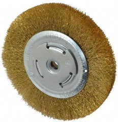 Value Collection - 6" OD, 5/8" Arbor Hole, Crimped Brass Wheel Brush - 1/2" Face Width, 1-1/8" Trim Length, 0.008" Filament Diam, 6,000 RPM - Benchmark Tooling