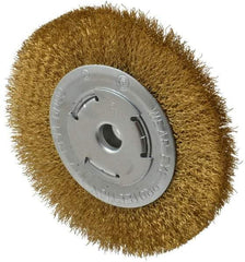 Value Collection - 6" OD, 1/4" Arbor Hole, Crimped Brass Wheel Brush - 1/2" Face Width, 1-1/8" Trim Length, 0.012" Filament Diam, 6,000 RPM - Benchmark Tooling