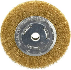 Value Collection - 6" OD, 5/8" Arbor Hole, Crimped Brass Wheel Brush - 1/2" Face Width, 1-1/8" Trim Length, 0.014" Filament Diam, 6,000 RPM - Benchmark Tooling