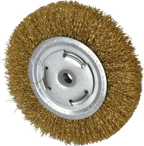 Value Collection - 6" OD, 5/8" Arbor Hole, Crimped Brass Wheel Brush - 1/2" Face Width, 1-1/8" Trim Length, 0.02" Filament Diam, 6,000 RPM - Benchmark Tooling