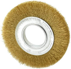 Value Collection - 6" OD, 2" Arbor Hole, Crimped Brass Wheel Brush - 7/8" Face Width, 1-1/8" Trim Length, 0.008" Filament Diam, 6,000 RPM - Benchmark Tooling