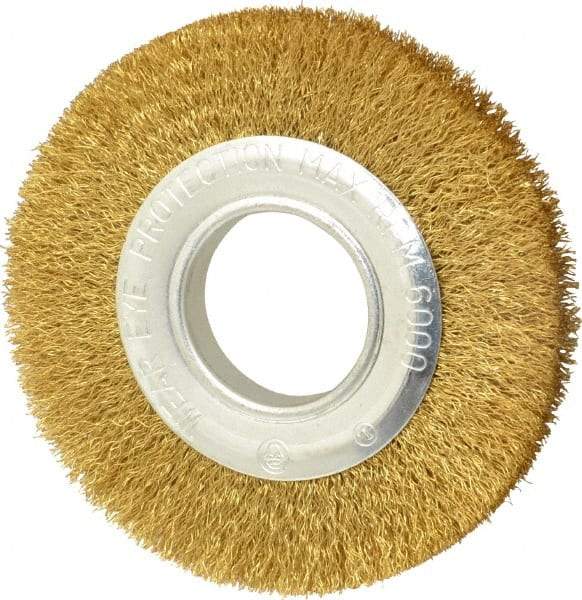 Value Collection - 6" OD, 1/4" Arbor Hole, Crimped Brass Wheel Brush - 7/8" Face Width, 1-1/8" Trim Length, 0.012" Filament Diam, 6,000 RPM - Benchmark Tooling