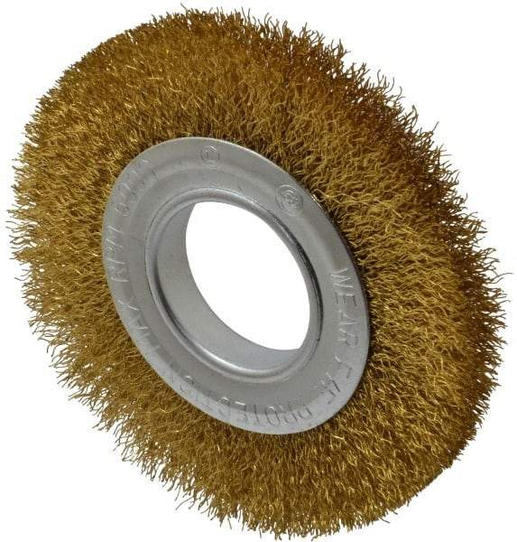 Value Collection - 6" OD, 2" Arbor Hole, Crimped Brass Wheel Brush - 7/8" Face Width, 1-1/8" Trim Length, 0.014" Filament Diam, 6,000 RPM - Benchmark Tooling