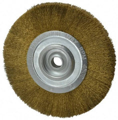 Value Collection - 8" OD, 3/4" Arbor Hole, Crimped Brass Wheel Brush - 1/2" Face Width, 1-3/4" Trim Length, 0.008" Filament Diam, 4,500 RPM - Benchmark Tooling