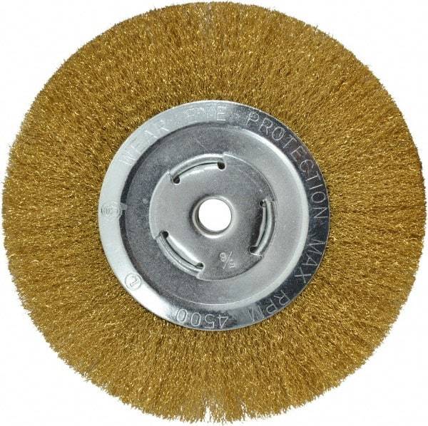 Value Collection - 8" OD, 5/8" Arbor Hole, Crimped Brass Wheel Brush - 1/2" Face Width, 1-3/4" Trim Length, 0.008" Filament Diam, 4,500 RPM - Benchmark Tooling