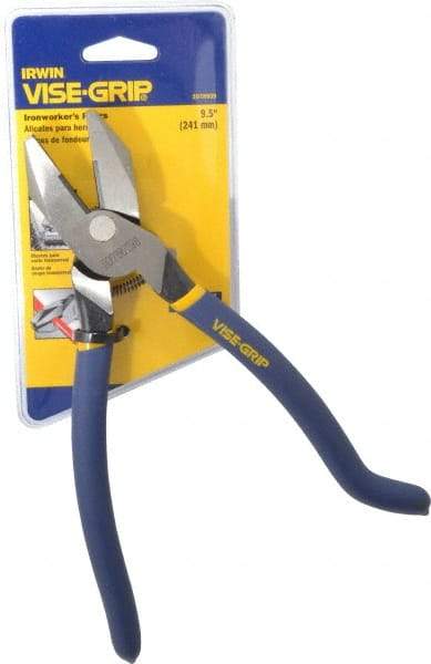 Irwin - 9" OAL, 1-1/2" Jaw Length x 1-1/4" Jaw Width, Side Cutting Ironworker's Pliers - Serrated Jaw, Standard Head, Textured Handles - Benchmark Tooling