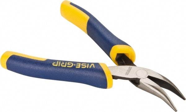 Irwin - 5" OAL, 1-1/8" Jaw Length x 1/4" Jaw Width, Long Nose Side Cutting Bent Nose Pliers - Serrated Jaw, Standard Head, ProTouch Handles, with Spring - Benchmark Tooling