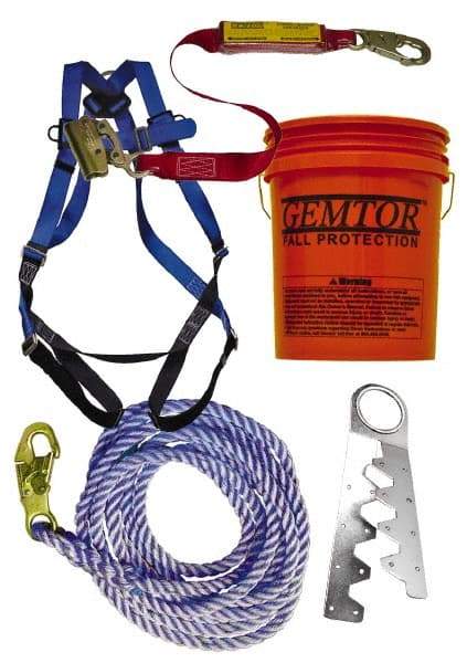 Gemtor - Universal Size, 300 Lb. Capacity, Polyester Roofer Fall Protection Kit - Back D Ring, 3 Ft. Lanyard Long, Single Use Anchor, Blue, Black and Yellow - Benchmark Tooling