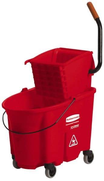 Rubbermaid - 35 Qt Plastic Bucket & Wringer - 20-1/8" Long x 36-1/2" High x 15-3/4" Wide, Red - Benchmark Tooling