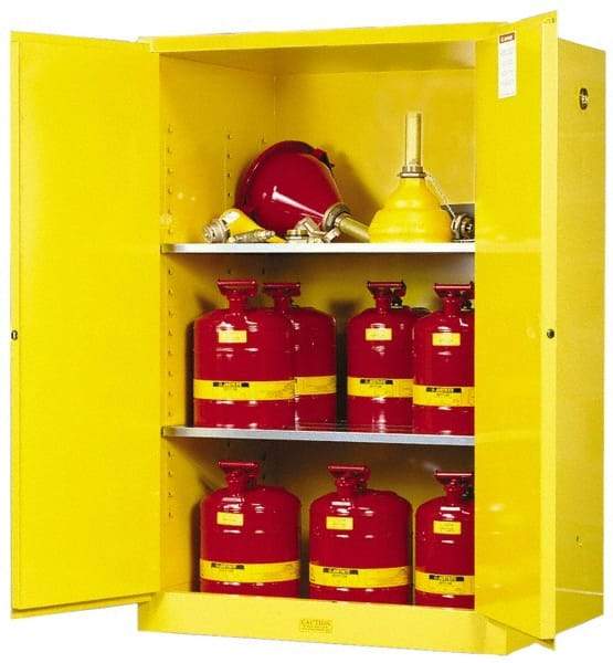 Justrite - 2 Door, 2 Shelf, Yellow Steel Standard Safety Cabinet for Flammable and Combustible Liquids - 65" High x 43" Wide x 34" Deep, Self Closing Door, 90 Gal Capacity - Benchmark Tooling