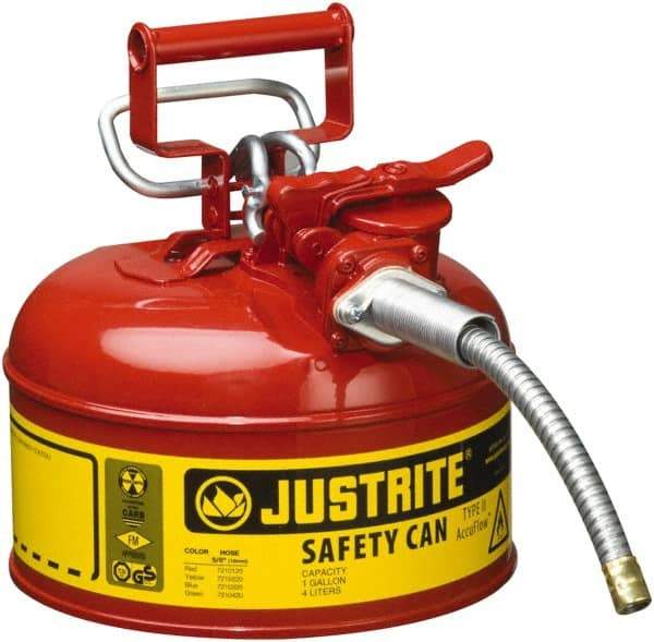 Justrite - 1 Gal Galvanized Steel Type II Safety Can - 10-1/2" High x 9-1/2" Diam, Red with Yellow - Benchmark Tooling