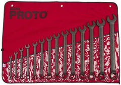 Proto - 14 Piece, 3/8" to 1-1/4", 12 Point Combination Wrench Set - Inch Measurement Standard, Black Oxide Finish, Comes in Nylon Roll - Benchmark Tooling