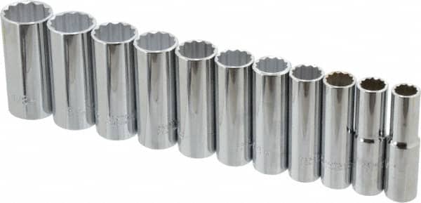 Proto - 11 Piece 1/2" Drive Deep Well Socket Set - 12 Points, 1/2" to 1-1/8" Range, Inch Measurement Standard - Benchmark Tooling