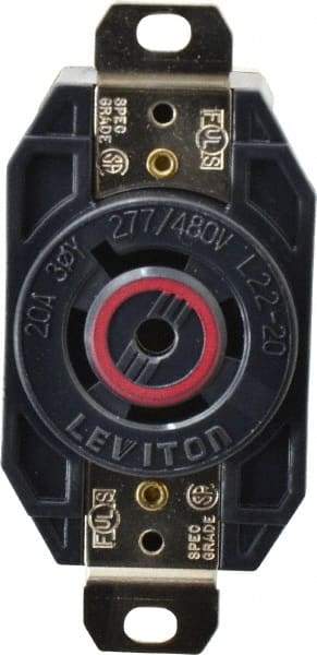 Leviton - 277/480 VAC, 20 Amp, L22-20R NEMA, Self Grounding Receptacle - 4 Poles, 5 Wire, Female End, Black - Benchmark Tooling