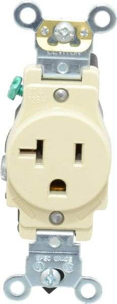 Leviton - 125 VAC, 20 Amp, 5-20R NEMA Configuration, Ivory, Industrial Grade, Self Grounding Single Receptacle - 1 Phase, 2 Poles, 3 Wire, Flush Mount, Impact and Tamper Resistant - Benchmark Tooling