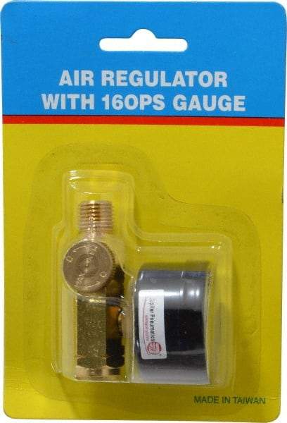 PRO-SOURCE - 1/4 NPT Port, Brass Dial Air Regulator - 10 to 120 psi Range, 120 Max psi Supply Pressure, 1/4" Gauge Port Thread, 2.36" Wide x 1.653" High - Benchmark Tooling