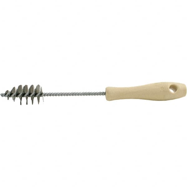 Brush Research Mfg. - 1.15" Diam Helical Stainless Steel Tube Brush - Single Spiral, 0.006" Filament Diam, 2-1/8" Brush Length, 10-1/2" OAL, 0.245" Diam Plastic Handle Shank - Benchmark Tooling