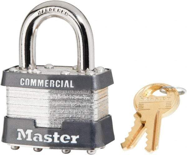 Master Lock - 15/16" Shackle Clearance, Keyed Alike Laminated Steel Padlock - 5/16" Shackle Diam, Steel - Benchmark Tooling