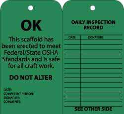 NMC - 3" High x 6" Long, OK - DO NOT ALTER, English Safety & Facility Inspection Tag - Tag Header: Notice, 2 Sides, Black & Green Cardstock - Benchmark Tooling