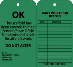 NMC - 3" High x 6" Long, OK - DO NOT ALTER, English Safety & Facility Inspection Tag - Tag Header: Notice, 2 Sides, Black & Green Cardstock - Benchmark Tooling
