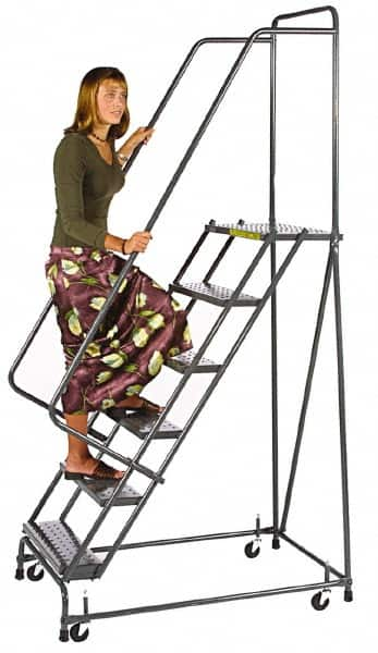 Ballymore - 93" 6 Step Ladder - Spring Loaded Rolling Safety Ladder, 450 Lb Capacity, 60" Platform Height, 24" Base Width x 49" Depth, Expanded Metal Tread - Benchmark Tooling