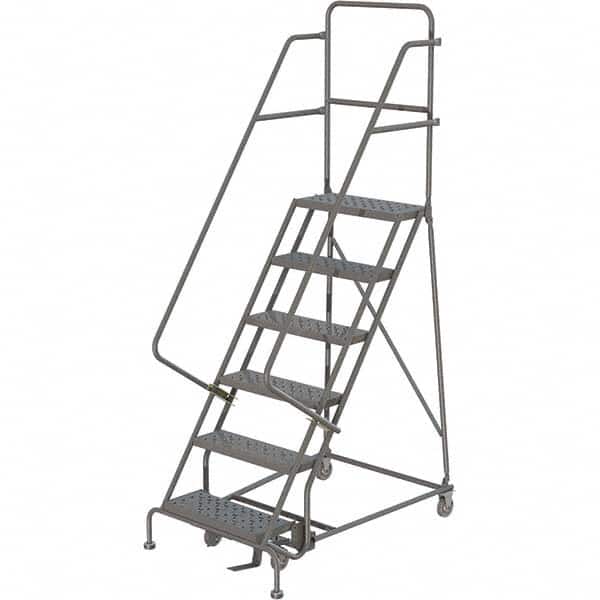 TRI-ARC - 96" 6 Step Rolling Platform Ladder - 450 Lb Capacity, 60" Platform Height, 27" Base Width x 50" Depth, Perforated Tread - Benchmark Tooling