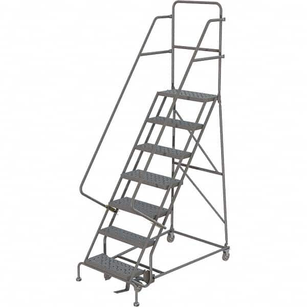 TRI-ARC - 106" 7 Step Rolling Platform Ladder - 450 Lb Capacity, 70" Platform Height, 27" Base Width x 57" Depth, Perforated Tread - Benchmark Tooling
