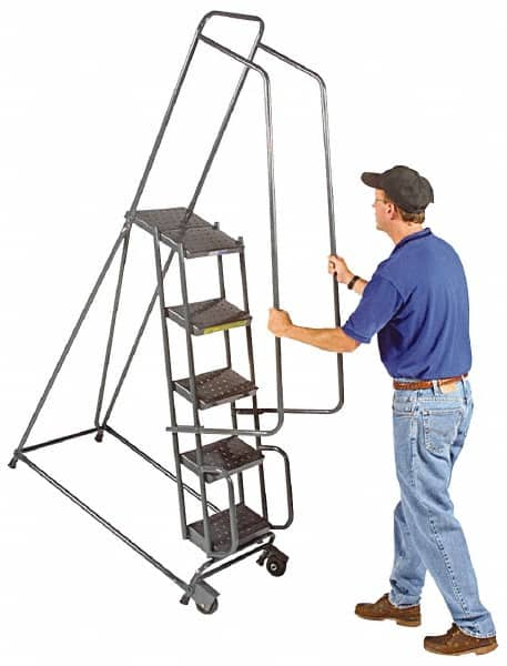 Ballymore - 78" 5 Step Ladder - Tilt & Roll Safety Ladder, 450 Lb Capacity, 47-1/2" Platform Height, 20" Base Width x 42" Base Depth, Abrasive Mat Tread - Benchmark Tooling