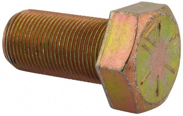 Made in USA - 1-14 UNF, 2" Length Under Head Hex Head Cap Screw - Fully Threaded, Grade 8 Alloy Steel, Zinc Yellow Dichromate Finish, 1-1/2" Hex - Benchmark Tooling