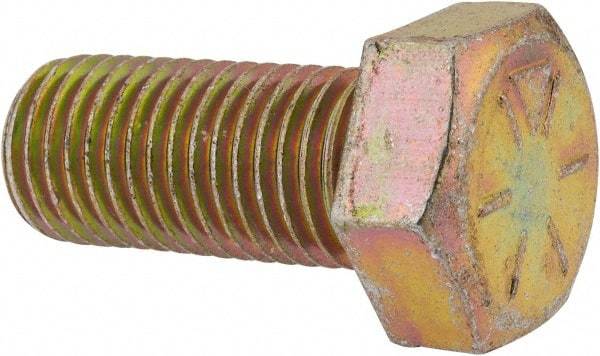 Made in USA - 7/8-9 UNC, 2" Length Under Head Hex Head Cap Screw - Fully Threaded, Grade 8 Alloy Steel, Zinc Yellow Dichromate Finish, 1-5/16" Hex - Benchmark Tooling