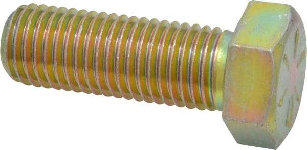 Made in USA - 7/8-9 UNC, 2-1/2" Length Under Head Hex Head Cap Screw - Partially Threaded, Grade 8 Alloy Steel, Zinc Yellow Dichromate Finish, 1-5/16" Hex - Benchmark Tooling