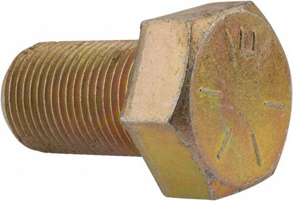 Made in USA - 7/8-14 UNF, 1-1/2" Length Under Head Hex Head Cap Screw - Fully Threaded, Grade 8 Alloy Steel, Zinc Yellow Dichromate Finish, 1-5/16" Hex - Benchmark Tooling