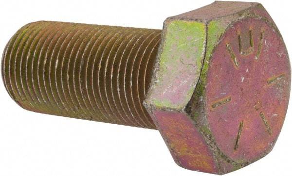 Made in USA - 7/8-14 UNF, 2" Length Under Head Hex Head Cap Screw - Fully Threaded, Grade 8 Alloy Steel, Zinc Yellow Dichromate Finish, 1-5/16" Hex - Benchmark Tooling