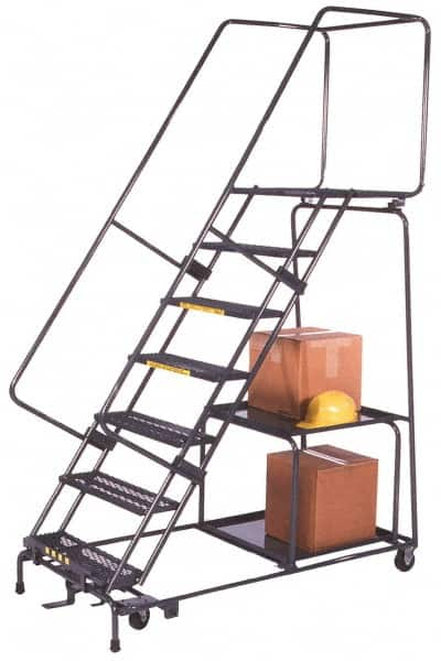 Ballymore - 103" 7 Step Ladder - Safety Stock Picking Ladder, 450 Lb Capacity, 70" Platform Height, 30" Base Width x 61" Depth, Perforated Tread - Benchmark Tooling