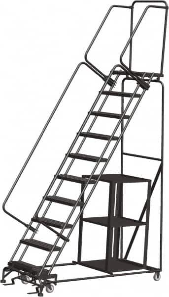 Ballymore - 133" 10 Step Ladder - Safety Stock Picking Ladder, 450 Lb Capacity, 100" Platform Height, 32" Base Width x 74" Depth, Perforated Tread - Benchmark Tooling