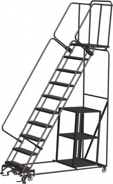 Ballymore - 133" 10 Step Ladder - Safety Stock Picking Ladder, 450 Lb Capacity, 100" Platform Height, 32" Base Width x 80" Depth, Perforated Tread - Benchmark Tooling