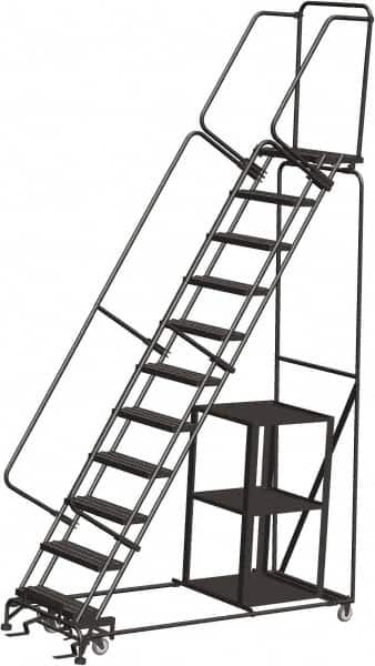 Ballymore - 143" 11 Step Ladder - Safety Stock Picking Ladder, 450 Lb Capacity, 110" Platform Height, 32" Base Width x 80" Depth, Perforated Tread - Benchmark Tooling