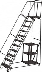 Ballymore - 143" 11 Step Ladder - Safety Stock Picking Ladder, 450 Lb Capacity, 110" Platform Height, 32" Base Width x 87" Depth, Perforated Tread - Benchmark Tooling