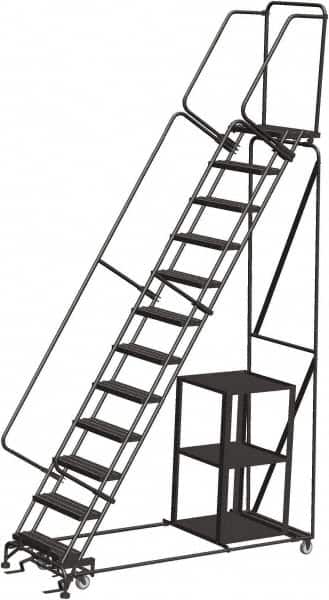 Ballymore - 153" 12 Step Ladder - Safety Stock Picking Ladder, 450 Lb Capacity, 120" Platform Height, 32" Base Width x 87" Depth, Expanded Metal Tread - Benchmark Tooling