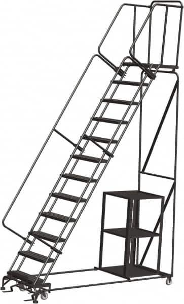 Ballymore - 153" 12 Step Ladder - Safety Stock Picking Ladder, 450 Lb Capacity, 120" Platform Height, 32" Base Width x 93" Depth, Perforated Tread - Benchmark Tooling