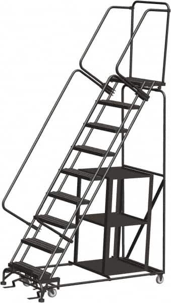 Ballymore - 123" 9 Step Stock-Picking Ladder - 450 Lb Capacity, 90" Platform Height, 32" Base Width x 68" Depth, Expanded Metal Tread - Benchmark Tooling