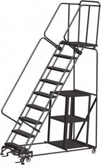 Ballymore - 123" 9 Step Ladder - Safety Stock Picking Ladder, 450 Lb Capacity, 90" Platform Height, 32" Base Width x 74" Depth, Expanded Metal Tread - Benchmark Tooling