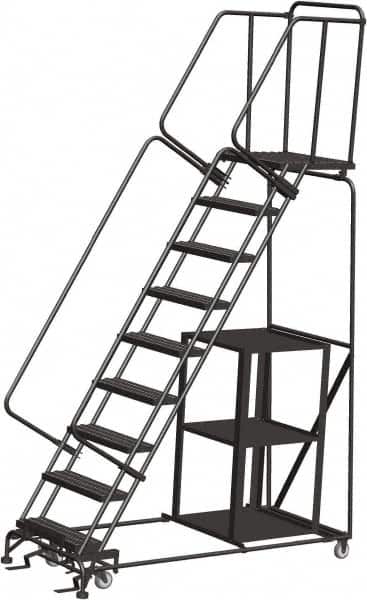 Ballymore - 123" 9 Step Ladder - Safety Stock Picking Ladder, 450 Lb Capacity, 90" Platform Height, 32" Base Width x 74" Depth, Perforated Tread - Benchmark Tooling