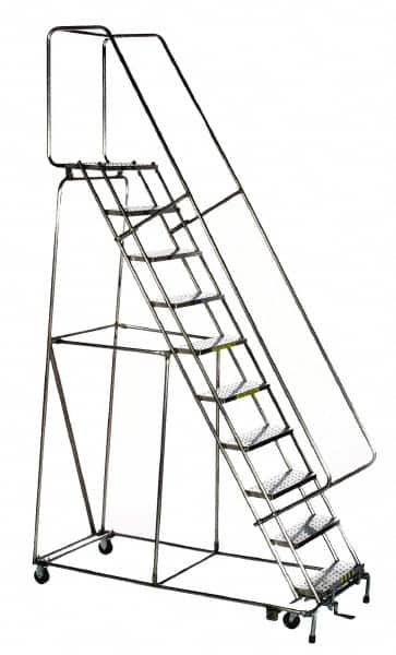 Ballymore - 143" 11 Step Ladder - Rolling Safety Ladder, 450 Lb Capacity, 110" Platform Height, 32" Base Width x 80" Depth, Perforated Tread - Benchmark Tooling